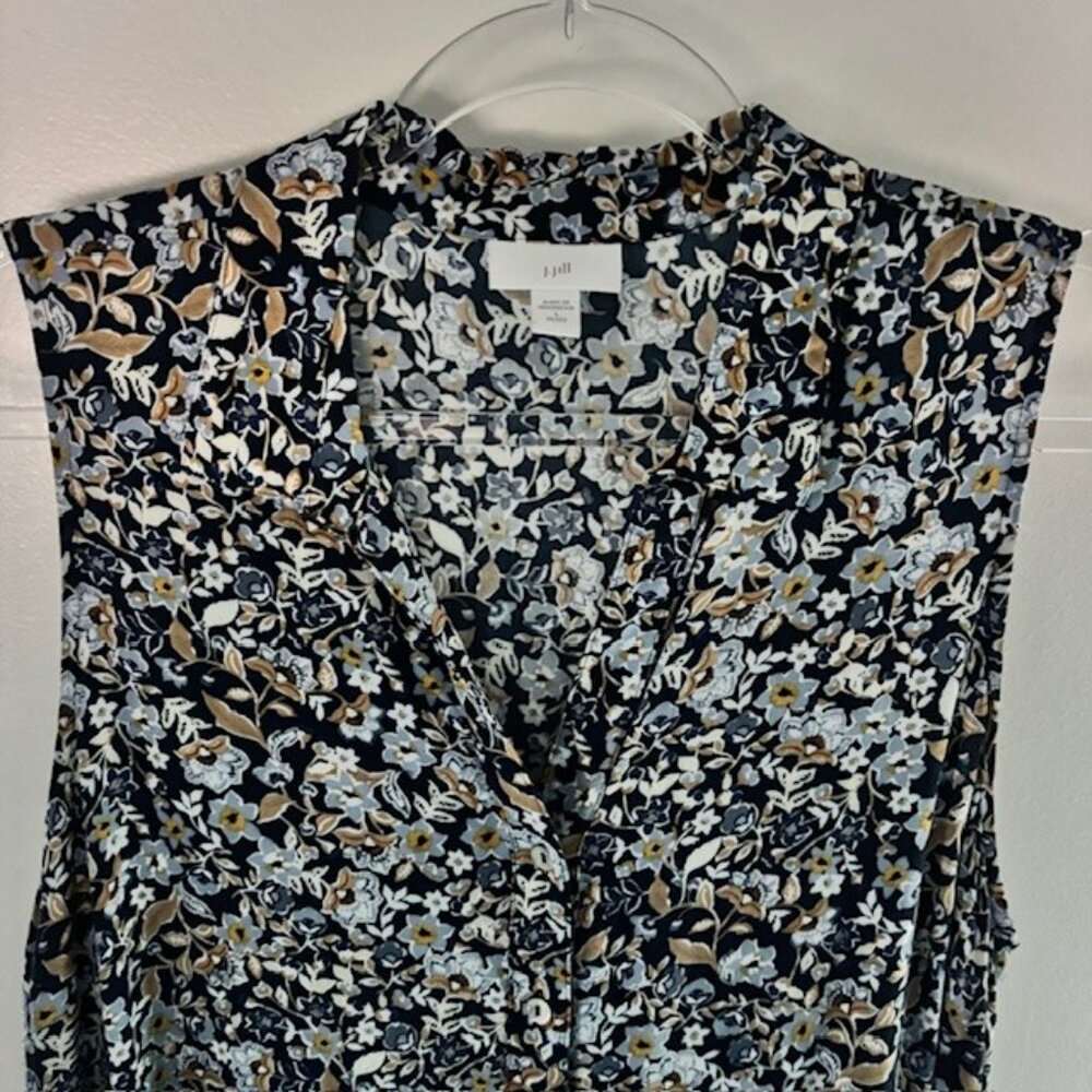 J Jill Dress PL Navy Floral V Neck Button Sleeveless Dress Boho Feminine Ruffle